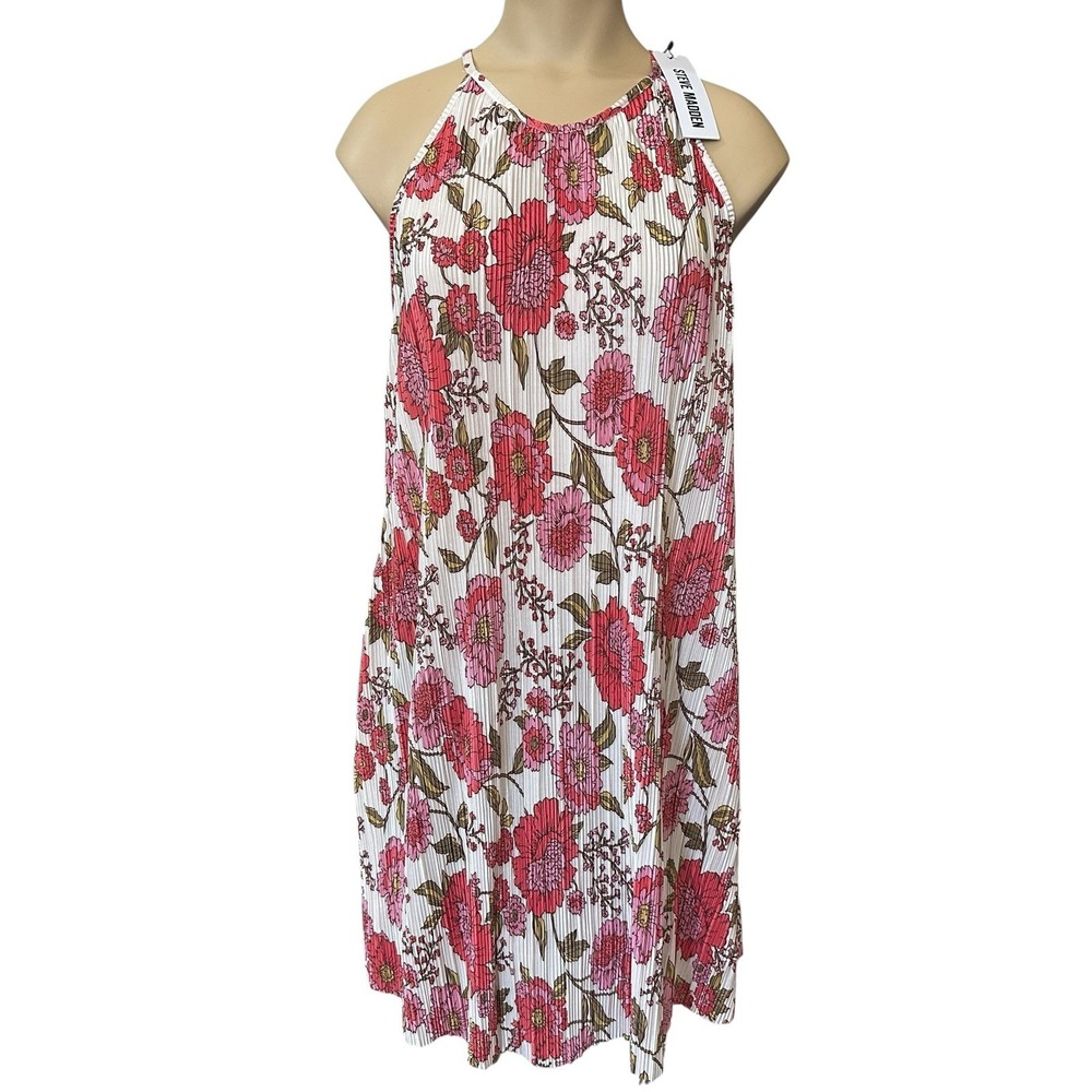 Steve Madden Ada Pleated Halter Mini Dress‎ Women's Medium Floral White Pink NWT